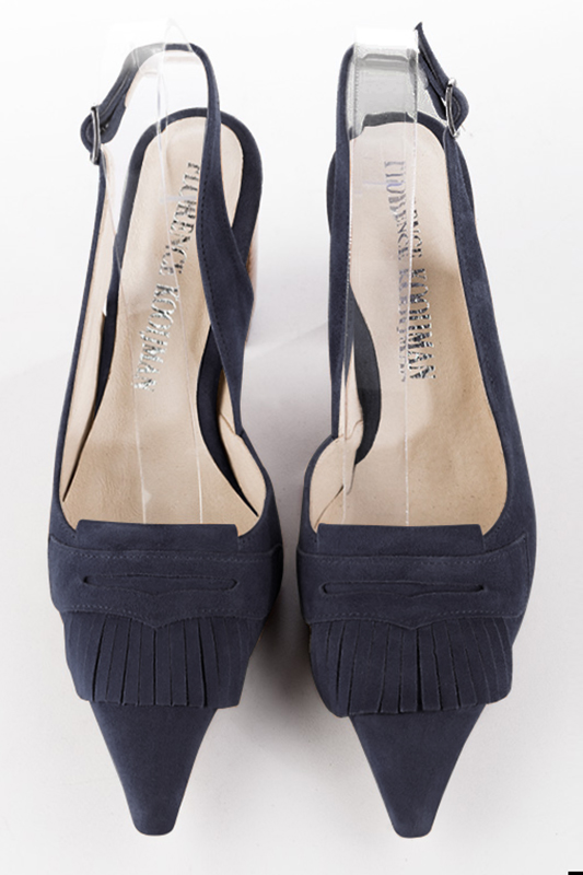 Navy blue women's slingback shoes. Pointed toe. High block heels. Top view - Florence KOOIJMAN
